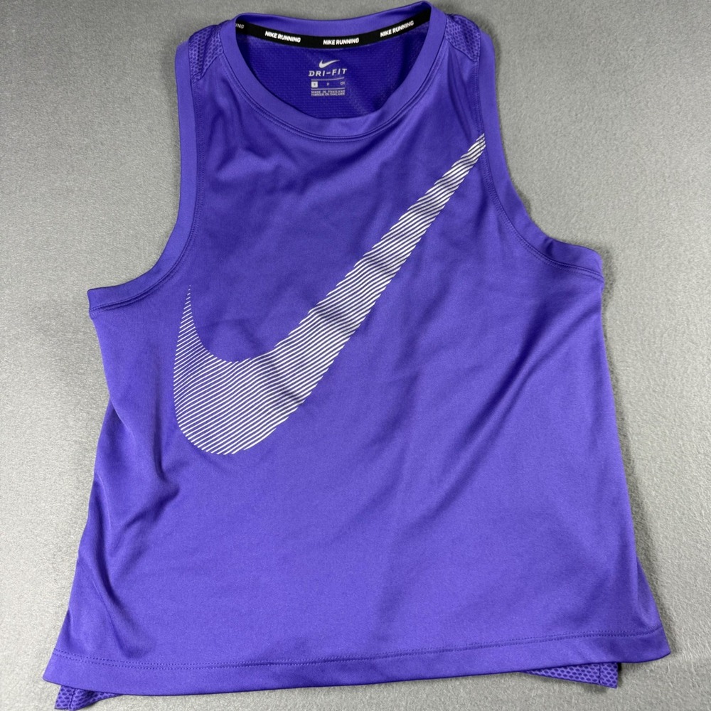 Nike Womens Running Tank Top Small Purple Dri-FIT Mesh Back Graphic Swoosh Shirt